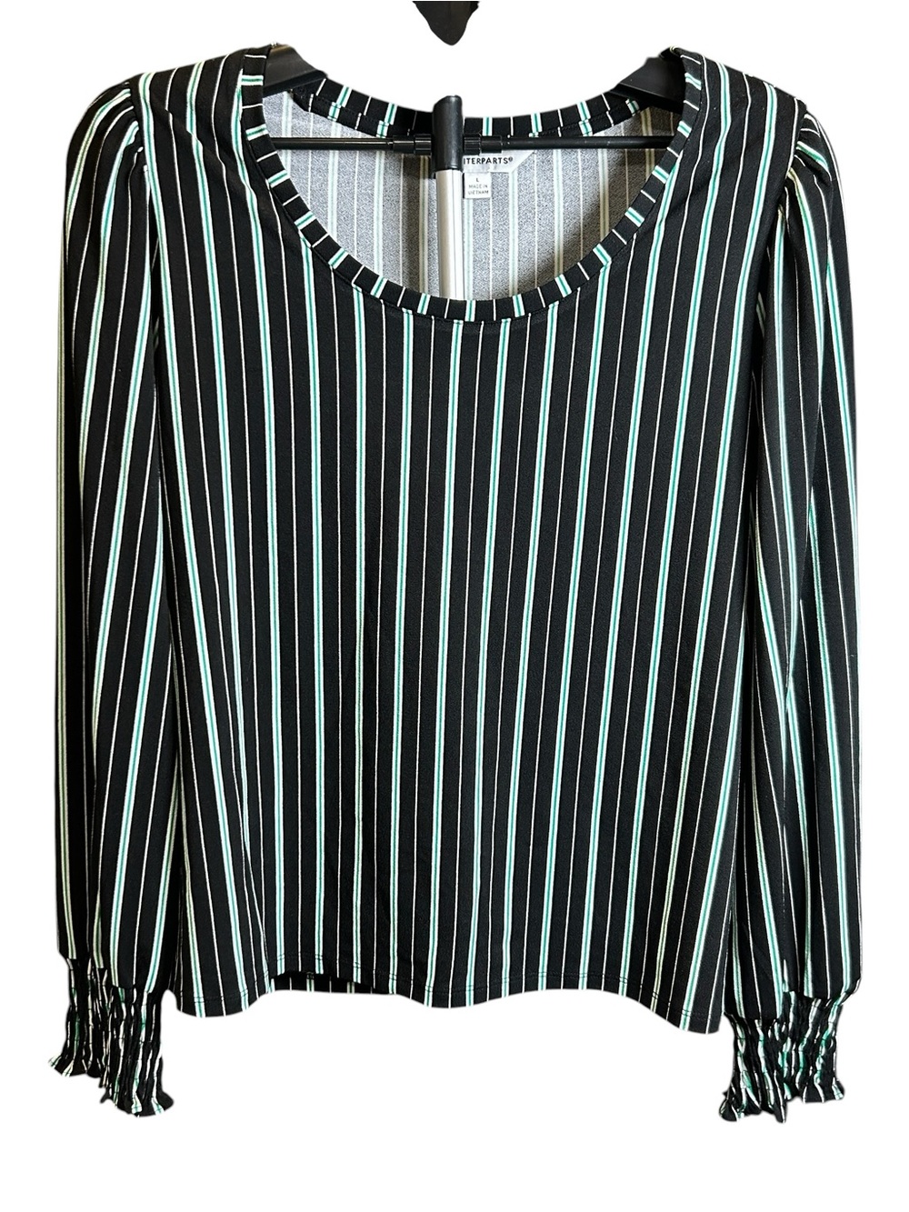 Counterparts Black Green White Vertical Stripe Long Sleeve Blouse Size L